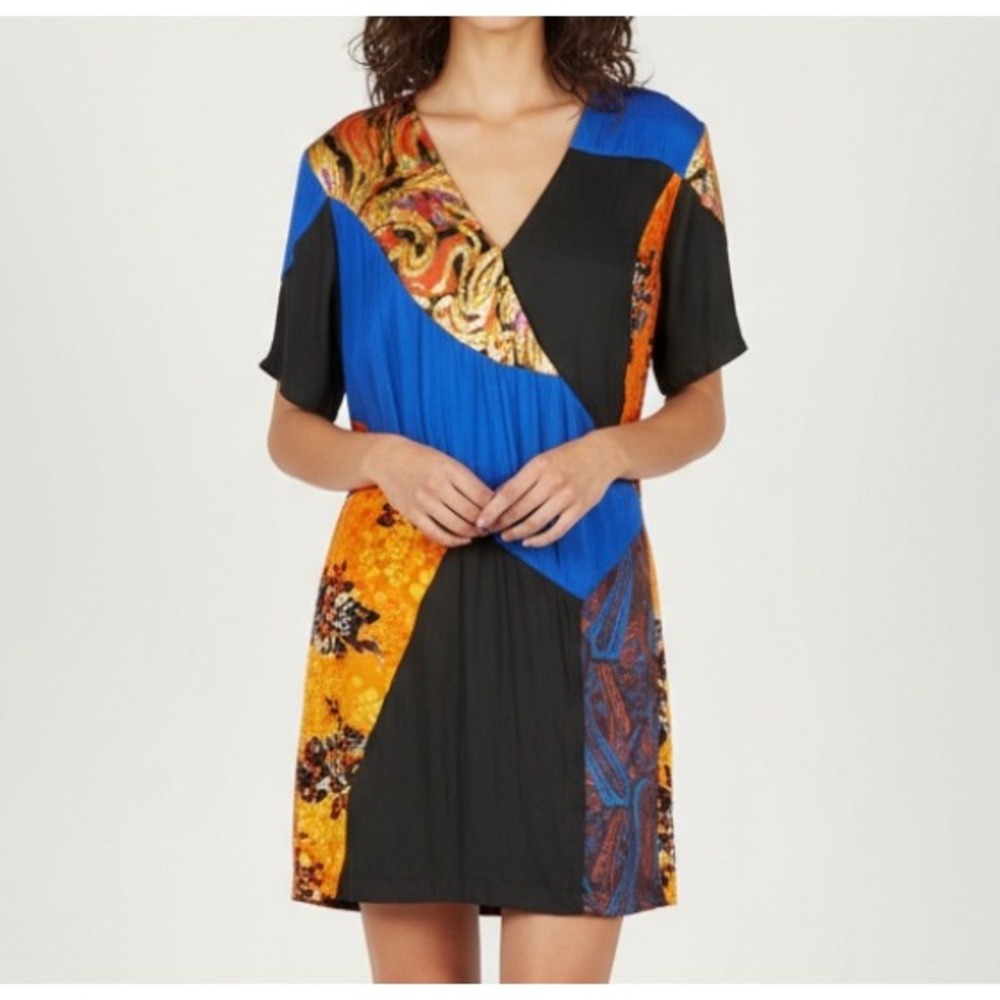 HD IN PARIS Anthropologie CAMELLIA PATCHWORK Multi/Blk SILK/VELVET Shift Dress 4